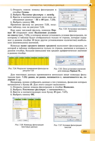 2 325325325325325325325325325325325325325325325325325325325325325325325325325325325325325325325325325325325325325325325325325325353
ОБРАБОТКА ЧИСЛОВЫХ ДАННЫХ
1. Îòêðûòü ñïèñîê êîìàíä ôèëüòðàöèè â
ñòîëáöå Ñóììà.
2. Âûáðàòü ×èñëîâûå ôèëüòðû  ìåæäó.
3. Ââåñòè â ñîîòâåòñòâóþùèå ïîëÿ îêíà íå-
îáõîäèìûå äàííûå – 35 è 40 (ðèñ. 7.23).
4. Âûáðàòü êíîïêó ÎÊ.
Ïðèìåíèâ ôèëüòð íà ðèñóíêå 7.23, ïîëó-
÷èì òàáëèöó, êàê íà ðèñóíêå 7.24.
Åùå îäèí ÷èñëîâîé ôèëüòð, êîìàíäà Ïåð-
âûå 10 îòêðûâàåò îêíî Íàëîæåíèå óñëîâèÿ
ïî ñïèñêó (ðèñ. 7.25), â êîòîðîì ìîæíî óñòàíîâèòü óñëîâèå ôèëüòðàöèè, ïî
êîòîðîìó â òàáëèöå áóäóò îòîáðàæàòüñÿ òîëüêî òå ñòðîêè, êîòîðûå ñîäåð-
æàò â äàííîì ñòîëáöå 10 (èëè äðóãîå óñòàíîâëåííîå êîëè÷åñòâî) íàèáîëü-
øèõ (íàèìåíüøèõ) çíà÷åíèé.
Êîìàíäà âûøå ñðåäíåãî (íèæåå ñðåäíåãî) âûïîëíÿåò ôèëüòðàöèþ, ïî
êîòîðîé â òàáëèöå îòîáðàæàþòñÿ òîëüêî òå ñòðîêè, çíà÷åíèÿ â êîòîðûõ â
äàííîì ñòîëáöå, áîëüøèå (ìåíüøèå) ÷åì ñðåäíåå àðèôìåòè÷åñêîå çíà÷åíèå
â äàííîì ñòîëáöå.
Рис. 7.24. Результат применения фильтра на
рисунке 7.23
Рис. 7.25. Окно установки значения
для команды Первые 10...
Äëÿ òåêñòîâûõ äàííûõ ïðèìåíÿþòñÿ íåñêîëüêî èíûå êîìàíäû ôèëü-
òðàöèè (ðèñ. 7.26): ðàâíî, íå ðàâíî, íà÷èíàåòñÿ ñ, çàêàí÷èâàåòñÿ íà, ñî-
äåðæèò è äð.
Íàïðèìåð, íóæíî îòîáðàçèòü äàííûå î òåõ ó÷åíèêàõ, ôàìèëèè êîòîðûõ
íà÷èíàþòñÿ ñ áóêâû Ï. Äëÿ ýòîãî ñëåäóåò âûïîëíèòü:
1. Îòêðûòü ñïèñîê êîìàíä ôèëüòðàöèè â ñòîëáöå Ôàìèëèÿ.
2. Âûáðàòü Òåêñòîâûå ôèëüòðû  íà÷èíàåòñÿ ñ...
3. Ââåñòè â ñîîòâåòñòâóþùåå ïîëå áóêâó Ï (ðèñ. 7.27).
4. Âûáðàòü êíîïêó ÎÊ.
Рис. 7.26. Команды фильтрации
текстовых данных
Рис. 7.27. Условие фильтрации
текстов
Рис. 7.23. Установка числового
фильтра
 