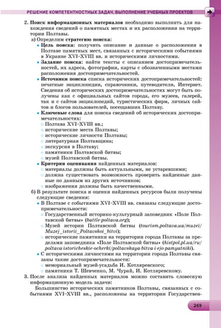 26926926926926926926926926926926926926926926926926926926926926926926926926926926926926926926926926926926926926926926969
РЕШЕНИЕ КОМПЕТЕНТНОСТНЫХ ЗАДАЧ, ВЫПОЛНЕНИЕ УЧЕБНЫХ ПРОЕКТОВ
2. Ïîèñê èíôîðìàöèîííûõ ìàòåðèàëîâ íåîáõîäèìî âûïîëíèòü äëÿ íà-
õîæäåíèÿ ñâåäåíèé î ïàìÿòíûõ ìåñòàõ è èõ ðàñïîëîæåíèè íà òåððè-
òîðèè Ïîëòàâû.
a) Îïðåäåëèì ñòðàòåãèþ ïîèñêà:
Öåëü ïîèñêà: ïîëó÷èòü îïèñàíèå è äàííûå î ðàñïîëîæåíèè â
Ïîëòàâå ïàìÿòíûõ ìåñò, ñâÿçàííûõ ñ èñòîðè÷åñêèìè ñîáûòèÿìè
â Óêðàèíå XVI–XVIII ââ. è èñòîðè÷åñêèìè ëè÷íîñòÿìè.
Çàäàíèå ïîèñêà: íàéòè òåêñòû ñ îïèñàíèåì äîñòîïðèìå÷àòåëü-
íîñòåé, èõ àäðåñà, ôîòîãðàôèè, êàðòû ñ îáîçíà÷åííûìè ìåñòàìè
ðàñïîëîæåíèÿ äîñòîïðèìå÷àòåëüíîñòåé.
Èñòî÷íèêè ïîèñêà ñïèñêà èñòîðè÷åñêèõ äîñòîïðèìå÷àòåëüíîñòåé:
ïå÷àòíûå ýíöèêëîïåäèè, ñïðàâî÷íèêè, ïóòåâîäèòåëè, Èíòåðíåò.
Ñâåäåíèÿ îá èñòîðè÷åñêèõ äîñòîïðèìå÷àòåëüíîñòÿõ ìîãóò áûòü ïî-
ëó÷åíû êàê ñ îôèöèàëüíûõ ñàéòîâ ãîðîäà, åãî ìóçååâ, ãàëåðåé,
òàê è ñ ñàéòîâ ýíöèêëîïåäèé, òóðèñòè÷åñêèõ ôèðì, ëè÷íûõ ñàé-
òîâ è áëîãîâ ïîëüçîâàòåëåé, ïîñåùàâøèõ Ïîëòàâó.
Êëþ÷åâûå ñëîâà äëÿ ïîèñêà ñâåäåíèé îá èñòîðè÷åñêèõ äîñòîïðè-
ìå÷àòåëüíîñòÿõ:
Ïîëòàâà XVI–XVIII ââ.;
èñòîðè÷åñêèå ìåñòà Ïîëòàâû;
èñòîðè÷åñêèå ëè÷íîñòè Ïîëòàâû;
ëèòåðàòóðíàÿ Ïîëòàâùèíà;
ýêñêóðñèÿ â Ïîëòàâó;
ïàìÿòíèêè Ïîëòàâñêîé áèòâû;
ìóçåé Ïîëòàâñêîé áèòâû.
Êðèòåðèè îöåíèâàíèÿ íàéäåííûõ ìàòåðèàëîâ:
ìàòåðèàëû äîëæíû áûòü àêòóàëüíûìè, íå óñòàðåâøèìè;
äîëæíà ñóùåñòâîâàòü âîçìîæíîñòü ïðîâåðèòü íàéäåííûå äàí-
íûå ïî äàííûì èç äðóãèõ èñòî÷íèêîâ;
èçîáðàæåíèÿ äîëæíû áûòü êà÷åñòâåííûìè.
b) Â ðåçóëüòàòå ïîèñêà è îöåíêè íàéäåííûõ ðåñóðñîâ áûëè ïîëó÷åíû
ñëåäóþùèå ñâåäåíèÿ:
Â Ïîëòàâå ñ ñîáûòèÿìè XVI–XVIII ââ. ñâÿçàíû ñëåäóþùèå äîñòî-
ïðèìå÷àòåëüíîñòè:
Ãîñóäàðñòâåííûé èñòîðèêî-êóëüòóðíûé çàïîâåäíèê «Ïîëå Ïîë-
òàâñêîé áèòâû» (battle-poltava.org);
Ìóçåé èñòîðèè Ïîëòàâñêîé áèòâû (tourism.poltava.ua/muzei/
Muzej_istorii_Poltavskoi_bitvi);
èñòîðè÷åñêèå ïàìÿòíèêè íà òåððèòîðèè ãîðîäà Ïîëòàâû çà ïðå-
äåëàìè çàïîâåäíèêà «Ïîëå Ïîëòàâñêîé áèòâû» (histpol.pl.ua/ru/
poltava-istoricheskie-ocherki/poltavskaya-bitva-i-ejo-pamyatniki).
Ñ èñòîðè÷åñêèìè ëè÷íîñòÿìè íà òåððèòîðèè ãîðîäà Ïîëòàâû ñâÿ-
çàíû òàêèå äîñòîïðèìå÷àòåëüíîñòè:
ìåìîðèàëüíûé ìóçåé-óñàäüáà È. Êîòëÿðåâñêîãî;
ïàìÿòíèêè Ò. Øåâ÷åíêî, Ì. ×óðàé, È. Êîòëÿðåâñêîìó.
3. Ïîñëå àíàëèçà íàéäåííûõ ìàòåðèàëîâ ìîæíî ñîñòàâèòü ñëîâåñíóþ
èíôîðìàöèîííóþ ìîäåëü çàäà÷è:
Áîëüøèíñòâî èñòîðè÷åñêèõ ïàìÿòíèêîâ Ïîëòàâû, ñâÿçàííûõ ñ ñî-
áûòèÿìè XVI–XVIII ââ., ðàñïîëîæåíû íà òåððèòîðèè Ãîñóäàðñòâåí-
 