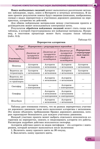 22752752752752752752752752752752752752752752752752752752752752752752752752752752752752752752752752752752752752752755
РЕШЕНИЕ КОМПЕТЕНТНОСТНЫХ ЗАДАЧ, ВЫПОЛНЕНИЕ УЧЕБНЫХ ПРОЕКТОВ
Ïîèñê íåîáõîäèìûõ ñâåäåíèé ìîæåò âûïîëíÿòüñÿ ðàçëè÷íûìè ìåòîäà-
ìè: íàáëþäåíèå, îïðîñ, ïîèñê â Èíòåðíåòå è ïå÷àòíûõ èñòî÷íèêàõ. Â íà-
øåì ïðîåêòå ðåçóëüòàòîì ïîèñêà áóäóò ñâåäåíèÿ (îïèñàíèÿ, èçîáðàæåíèÿ,
ñõåìû) î âèäàõ ïåðåêðåñòêîâ è ó÷àñòíèêàõ äîðîæíîãî äâèæåíèÿ íà ïåðå-
êðåñòêàõ, àëãîðèòìû èõ äåéñòâèé.
Äëÿ îáìåíà íàéäåííûìè ìàòåðèàëàìè ìåæäó ó÷àñòíèêàìè ïðîåêòà è
ðóêîâîäèòåëåì ìîæåò èñïîëüçîâàòüñÿ ýëåêòðîííàÿ ïî÷òà.
Ðåçóëüòàòîì îáðàáîòêè íàéäåííûõ ñâåäåíèé ìîæåò ñòàòü ñõåìà èëè
òàáëèöà, â êîòîðîé ñòðóêòóðèðîâàíû âñå íàéäåííûå ìàòåðèàëû. Íàïðè-
ìåð, â òåêñòîâîì ïðîöåññîðå ìîæåò áûòü ñîçäàíà òàêàÿ òàáëèöà
(òàáë. 8.1).
Òàáëèöà 8.1
Ïåðåêðåñòîê àëãîðèòìîâ
Ïåðå-
êðåñòîê
Ó÷àñòíèêèè
äâèæåíèÿ
Ïåðåêðåñòîê ñ ðåãóëèðóåìûì ïåðåõîäîì
Ïåðåêðåñòîê
ñ íåðåãóëèðóå-
ìûì ïåðåõî-
äîì
Äâèæåíèå ðå-
ãóëèðóåòñÿ
ñâåòîôîðîì
Äâèæåíèå ðå-
ãóëèðóåòñÿ
ñåìàôîðîì ñî
øëàãáàóìîì
Äâèæåíèå ðå-
ãóëèðóåòñÿ
ñâåòîôîðîì è
ñåìàôîðîì ñî
øëàãáàóìîì
Ïåøåõîä
Àëãîðèòì
ñ âåòâëåíèåì
Àëãîðèòì
ñ âåòâëåíèåì
Àëãîðèòì
ñ âåòâëåíèåì
Àëãîðèòì
ñ âåòâëåíèåì
Âîäèòåëü àâ-
òîòðàíñïîðòà
Àëãîðèòì
ñ âåòâëåíèåì
Àëãîðèòì
ñ âåòâëåíèåì
Àëãîðèòì
ñ âåòâëåíèåì
Àëãîðèòì
ñ âåòâëåíèåì
Âîäèòåëü æå-
ëåçíîäîðîæíî-
ãî òðàíñïîðòà
—
Àëãîðèòì
ñ âåòâëåíèåì
Àëãîðèòì
ñ âåòâëåíèåì
—
Ñâåòîôîð
Àëãîðèòì
ñ ïîâòîðåíèåì
—
Àëãîðèòì
ñ ïîâòîðåíèåì
—
Ñåìàôîð —
Àëãîðèòì
ñ âåòâëåíèåì
è ïîâòîðåíèåì
Àëãîðèòì
ñ âåòâëåíèåì
è ïîâòîðåíèåì
—
Øëàãáàóì —
Àëãîðèòì
ñ âåòâëåíèåì
Àëãîðèòì
ñ âåòâëåíèåì
—
Òàáëèöà äàåò îñíîâàíèÿ ñ÷èòàòü, ÷òî íà ðàçíûõ ïåðåêðåñòêàõ ó÷àñòíè-
êè äîðîæíîãî äâèæåíèÿ ÷àùå âñåãî âûïîëíÿþò àëãîðèòìû ñ âåòâëåíèåì.
Ýòî ìîæíî îáúÿñíèòü òðåáîâàíèÿìè Ïðàâèë äîðîæíîãî äâèæåíèÿ, êîòî-
ðûå ãàðàíòèðóþò áåçîïàñíîñòü äëÿ êàæäîãî ó÷àñòíèêà äâèæåíèÿ.
Êàæäûé ó÷àñòíèê ïðîåêòà ìîæåò âûáðàòü îòäåëüíîãî èñïîëíèòåëÿ àë-
ãîðèòìîâ íà ïåðåêðåñòêå, îïèñàòü è ñìîäåëèðîâàòü àëãîðèòì åãî ðàáîòû.
Ðàññìîòðèì ïîäðîáíåå äåéñòâèÿ èñïîëíèòåëÿ ñâåòîôîð.
Àëãîðèòì äåéñòâèÿ îäíîãî èç âèäîâ ñâåòîôîðîâ – ýòî àëãîðèòì ñ ïîâòî-
ðåíèåì, êîòîðûé íà÷èíàåò âûïîëíÿòüñÿ ïîñëå âêëþ÷åíèÿ:
1. Âêëþ÷èòü ëàìïó êðàñíîãî öâåòà íà 30 ñåêóíä.
2. Âûêëþ÷èòü ëàìïó êðàñíîãî öâåòà.
 