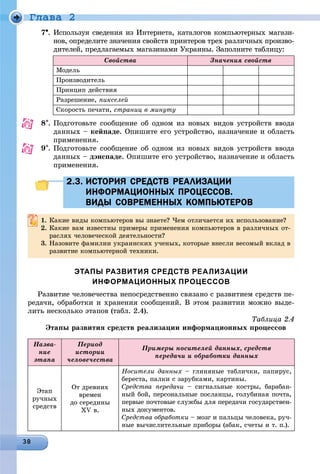 Ãëàâà 2
7. Èñïîëüçóÿ ñâåäåíèÿ èç Èíòåðíåòà, êàòàëîãîâ êîìïüþòåðíûõ ìàãàçè-
íîâ, îïðåäåëèòå çíà÷åíèÿ ñâîéñòâ ïðèíòåðîâ òðåõ ðàçëè÷íûõ ïðîèçâî-
äèòåëåé, ïðåäëàãàåìûõ ìàãàçèíàìè Óêðàèíû. Çàïîëíèòå òàáëèöó:
Ñâîéñòâà Çíà÷åíèÿ ñâîéñòâ
Ìîäåëü
Ïðîèçâîäèòåëü
Ïðèíöèï äåéñòâèÿ
Ðàçðåøåíèå, ïèêñåëåé
Ñêîðîñòü ïå÷àòè, ñòðàíèö â ìèíóòó
8. Ïîäãîòîâüòå ñîîáùåíèå îá îäíîì èç íîâûõ âèäîâ óñòðîéñòâ ââîäà
äàííûõ – êåéïàäå. Îïèøèòå åãî óñòðîéñòâî, íàçíà÷åíèå è îáëàñòü
ïðèìåíåíèÿ.
9. Ïîäãîòîâüòå ñîîáùåíèå îá îäíîì èç íîâûõ âèäîâ óñòðîéñòâ ââîäà
äàííûõ – äýíñïàäå. Îïèøèòå åãî óñòðîéñòâî, íàçíà÷åíèå è îáëàñòü
ïðèìåíåíèÿ.
2.3. ИСТОРИЯ СРЕДСТВ РЕАЛИЗАЦИИ2.3. ИСТОРИЯ СРЕДСТВ РЕАЛИЗАЦИИ
ИНФОРМАЦИОННЫХ ПРОЦЕССОВ.ИНФОРМАЦИОННЫХ ПРОЦЕССОВ.
ВИДЫ СОВРЕМЕННЫХ КОМПЬЮТЕРОВВИДЫ СОВРЕМЕННЫХ КОМПЬЮТЕРОВ
1. Êàêèå âèäû êîìïüþòåðîâ âû çíàåòå? ×åì îòëè÷àåòñÿ èõ èñïîëüçîâàíèå?
2. Êàêèå âàì èçâåñòíû ïðèìåðû ïðèìåíåíèÿ êîìïüþòåðîâ â ðàçëè÷íûõ îò-
ðàñëÿõ ÷åëîâå÷åñêîé äåÿòåëüíîñòè?
3. Íàçîâèòå ôàìèëèè óêðàèíñêèõ ó÷åíûõ, êîòîðûå âíåñëè âåñîìûé âêëàä â
ðàçâèòèå êîìïüþòåðíîé òåõíèêè.
ЭТАПЫ РАЗВИТИЯ СРЕДСТВ РЕАЛИЗАЦИИ
ИНФОРМАЦИОННЫХ ПРОЦЕССОВ
Ðàçâèòèå ÷åëîâå÷åñòâà íåïîñðåäñòâåííî ñâÿçàíî ñ ðàçâèòèåì ñðåäñòâ ïå-
ðåäà÷è, îáðàáîòêè è õðàíåíèÿ ñîîáùåíèé. Â ýòîì ðàçâèòèè ìîæíî âûäå-
ëèòü íåñêîëüêî ýòàïîâ (òàáë. 2.4).
Òàáëèöà 2.4
Ýòàïû ðàçâèòèÿ ñðåäñòâ ðåàëèçàöèè èíôîðìàöèîííûõ ïðîöåññîâ
Ïðîäîëæåíèå òàáëèöû 2.4
Íàçâà-
íèå
ýòàïà
Ïåðèîä
èñòîðèè
÷åëîâå÷åñòâà
Ïðèìåðû íîñèòåëåé äàííûõ, ñðåäñòâ
ïåðåäà÷è è îáðàáîòêè äàííûõ
Ýòàï
ðó÷íûõ
ñðåäñòâ
Îò äðåâíèõ
âðåìåí
äî ñåðåäèíû
ÕV â.
Íîñèòåëè äàííûõ – ãëèíÿíûå òàáëè÷êè, ïàïèðóñ,
áåðåñòà, ïàëêè ñ çàðóáêàìè, êàðòèíû.
Ñðåäñòâà ïåðåäà÷è – ñèãíàëüíûå êîñòðû, áàðàáàí-
íûé áîé, ïåðñîíàëüíûå ïîñëàíöû, ãîëóáèíàÿ ïî÷òà,
ïåðâûå ïî÷òîâûå ñëóæáû äëÿ ïåðåäà÷è ãîñóäàðñòâåí-
íûõ äîêóìåíòîâ.
Ñðåäñòâà îáðàáîòêè – ìîçã è ïàëüöû ÷åëîâåêà, ðó÷-
íûå âû÷èñëèòåëüíûå ïðèáîðû (àáàê, ñ÷åòû è ò. ï.).
 