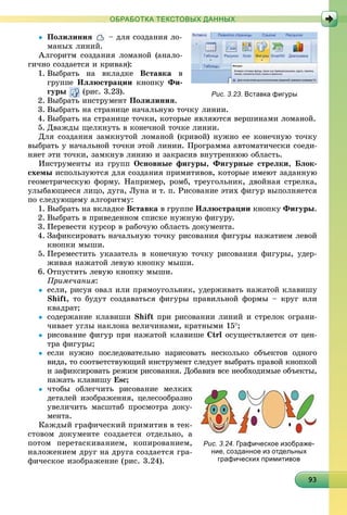 93939393939393939393939393939393939393939393939393939393939393
ОБРАБОТКА ТЕКСТОВЫХ ДАННЫХ
 Ïîëèëèíèÿ – äëÿ ñîçäàíèÿ ëî-
ìàíûõ ëèíèé.
Àëãîðèòì ñîçäàíèÿ ëîìàíîé (àíàëî-
ãè÷íî ñîçäàåòñÿ è êðèâàÿ):
1. Âûáðàòü íà âêëàäêå Âñòàâêà â
ãðóïïå Èëëþñòðàöèè êíîïêó Ôè-
ãóðû (ðèñ. 3.23).
2. Âûáðàòü èíñòðóìåíò Ïîëèëèíèÿ.
3. Âûáðàòü íà ñòðàíèöå íà÷àëüíóþ òî÷êó ëèíèè.
4. Âûáðàòü íà ñòðàíèöå òî÷êè, êîòîðûå ÿâëÿþòñÿ âåðøèíàìè ëîìàíîé.
5. Äâàæäû ùåëêíóòü â êîíå÷íîé òî÷êå ëèíèè.
Äëÿ ñîçäàíèÿ çàìêíóòîé ëîìàíîé (êðèâîé) íóæíî åå êîíå÷íóþ òî÷êó
âûáðàòü ó íà÷àëüíîé òî÷êè ýòîé ëèíèè. Ïðîãðàììà àâòîìàòè÷åñêè ñîåäè-
íÿåò ýòè òî÷êè, çàìêíóâ ëèíèþ è çàêðàñèâ âíóòðåííþþ îáëàñòü.
Èíñòðóìåíòû èç ãðóïï Îñíîâíûå ôèãóðû, Ôèãóðíûå ñòðåëêè, Áëîê-
ñõåìû èñïîëüçóþòñÿ äëÿ ñîçäàíèÿ ïðèìèòèâîâ, êîòîðûå èìåþò çàäàííóþ
ãåîìåòðè÷åñêóþ ôîðìó. Íàïðèìåð, ðîìá, òðåóãîëüíèê, äâîéíàÿ ñòðåëêà,
óëûáàþùååñÿ ëèöî, äóãà, Ëóíà è ò. ï. Ðèñîâàíèå ýòèõ ôèãóð âûïîëíÿåòñÿ
ïî ñëåäóþùåìó àëãîðèòìó:
1. Âûáðàòü íà âêëàäêå Âñòàâêà â ãðóïïå Èëëþñòðàöèè êíîïêó Ôèãóðû.
2. Âûáðàòü â ïðèâåäåííîì ñïèñêå íóæíóþ ôèãóðó.
3. Ïåðåâåñòè êóðñîð â ðàáî÷óþ îáëàñòü äîêóìåíòà.
4. Çàôèêñèðîâàòü íà÷àëüíóþ òî÷êó ðèñîâàíèÿ ôèãóðû íàæàòèåì ëåâîé
êíîïêè ìûøè.
5. Ïåðåìåñòèòü óêàçàòåëü â êîíå÷íóþ òî÷êó ðèñîâàíèÿ ôèãóðû, óäåð-
æèâàÿ íàæàòîé ëåâóþ êíîïêó ìûøè.
6. Îòïóñòèòü ëåâóþ êíîïêó ìûøè.
Ïðèìå÷àíèÿ:
 åñëè, ðèñóÿ îâàë èëè ïðÿìîóãîëüíèê, óäåðæèâàòü íàæàòîé êëàâèøó
Shift, òî áóäóò ñîçäàâàòüñÿ ôèãóðû ïðàâèëüíîé ôîðìû – êðóã èëè
êâàäðàò;
 ñîäåðæàíèå êëàâèøè Shift ïðè ðèñîâàíèè ëèíèé è ñòðåëîê îãðàíè-
÷èâàåò óãëû íàêëîíà âåëè÷èíàìè, êðàòíûìè 15;
 ðèñîâàíèå ôèãóð ïðè íàæàòîé êëàâèøå Ctrl îñóùåñòâëÿåòñÿ îò öåí-
òðà ôèãóðû;
 åñëè íóæíî ïîñëåäîâàòåëüíî íàðèñîâàòü íåñêîëüêî îáúåêòîâ îäíîãî
âèäà, òî ñîîòâåòñòâóþùèé èíñòðóìåíò ñëåäóåò âûáðàòü ïðàâîé êíîïêîé
è çàôèêñèðîâàòü ðåæèì ðèñîâàííÿ. Äîáàâèâ âñå íåîáõîäèìûå îáúåêòû,
íàæàòü êëàâèøó Esc;
 ÷òîáû îáëåã÷èòü ðèñîâàíèå ìåëêèõ
äåòàëåé èçîáðàæåíèÿ, öåëåñîîáðàçíî
óâåëè÷èòü ìàñøòàá ïðîñìîòðà äîêó-
ìåíòà.
Êàæäûé ãðàôè÷åñêèé ïðèìèòèâ â òåê-
ñòîâîì äîêóìåíòå ñîçäàåòñÿ îòäåëüíî, à
ïîòîì ïåðåòàñêèâàíèåì, êîïèðîâàíèåì,
íàëîæåíèåì äðóã íà äðóãà ñîçäàåòñÿ ãðà-
ôè÷åñêîå èçîáðàæåíèå (ðèñ. 3.24).
Рис. 3.23. Вставка фигуры
Рис. 3.24. Графическое изображе-
ние, созданное из отдельных
графических примитивов
 