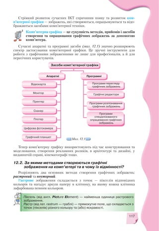 Стрімкий розвиток сучасних ІКТ спричинив появу та розвиток ком
п’ютерної графіки — зображень, які створюються, опрацьовуються та відо
бражаються засобами комп’ютерної техніки.
117
Сучасні апаратні та програмні засоби (мал. 12.1) значно розширюють
спектр застосування комп’ютерної графіки. Це зручні інструменти для
роботи з графічними зображеннями не лише для професіоналів, а й для
пересічних користувачів.
Комп’ютерна графіка — це сукупність методів, прийомів і засобів
створення та опрацювання графічних зображень за допомогою
комп’ютера.
Мал. 12.1
Тепер комп’ютерну графіку використовують під час конструювання та
моделювання, створення рекламних роликів, в архітектурі та дизайні, у
видавничій справі, кінематографі тощо.
12.2. За якими методами створюються графічні
зображення на комп’ютері та в чому їх відмінності?
Розрізняють два основних методи створення графічних зображень:
растровий та векторний.
Растрове зображення складається з точок — пікселів відповідних
кольорів та нагадує аркуш паперу в клітинку, на якому кожна клітинка
зафарбована певним кольором.
Піксель (від англ. Picture Element) — найменша одиниця растрового
зображення.
Растр (від лат. rastrum — граблі) — прямокутне поле, що складається з
точок (пікселів) різного кольору та (або) яскравості.
 