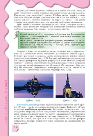 118
Кожний растровий малюнок складається з певної кількості точок на
одній горизонталі та одній вертикалі, які характеризують розмір малюнка.
Наприклад, для операційної системи Windows типові розміри екрана
дисплея в пікселях можуть становити 640х480, 1024х768, 1280х1024. Чим
більша кількість пікселів міститься на екрані за одних і тих самих
геометричних розмірів малюнка, тим вища якість відтворення малюнка.
Крім розмірів, малюнок характеризується також кольором кожного
пікселя. Таким чином, для створення або збереження растрового малюнка
необхідно зазначити його розміри і колір кожного пікселя.
Растрова графіка дає можливість одержати високу якість зображення,
тому за її допомогою можна ефективно відтворювати реальні образи.
Переваги растрових зображень: добре відтворюються півтіні, плавні
переходи між кольорами (мал. 12.2). Растрові зображення використовують
для запису фотографій, художніх репродукцій тощо. Недолік растрової
графіки — великі за обсягом файли для зберігання растрових зображень
і зменшення якості зображення при збільшенні або зменшенні його роз
міру. На зменшених зображеннях важко розрізнити деталі, натомість на
збільшених — виявляється їх мозаїчна структура (мал. 12.3).
Мал. 12.2 Мал. 12.3
Векторні малюнки будуються за допомогою математичного опису прос
тих об’єктів — ліній, кіл, з яких створюються складні. Такі прості об’єкти
називають графічними примітивами. Векторний малюнок (мал. 12.4)
складається з переліку об’єктів та наданих їм властивостей, зокрема форми,
місця розміщення, розміру, контуру, вмісту. Перевагою векторної графіки є
те, що файли, в яких зберігаються векторні зображення, в 10–1000 разів
менші за обсягом, ніж файли, в яких зберігаються аналогічні растрові
зображення. Векторні зображення легко редагувати та масштабувати без
втрати якості.
Кожний піксель, як об’єкт растрового зображення, має 2 основних па
раметри: розташування і колір. Їх значення записуються за допомогою
відповідної кількості бітів.
Обсяг файла, що містить растрове графічне зображення, — це, як
правило, добуток розміру (кількість пікселів по ширині й висоті) цього
зображення на глибину кольору — кількість бітів, необхідна для
кодування кольору пікселя.
 