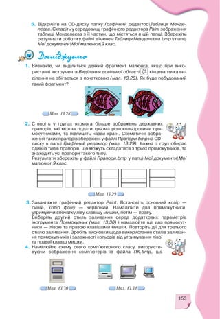 153
2. Створіть у групах якомога більше зображень державних
прапорів, які можна подати трьома різнокольоровими пря
мокутниками, та підпишіть назви країн. Схематичні зобра
ження таких прапорів збережені у файлі Прапори.bmp на CD
диску в папці Графічний редактор (мал. 13.29). Кожна з груп обирає
один із типів прапорів, що можуть складатися з трьох прямокутників, та
знаходить усі прапори такого типу.
Результати збережіть у файлі Прапори.bmp у папці Мої документиМої
малюнки9 клас.
1. Визначте, чи виділиться деякий фрагмент малюнка, якщо при вико
ристанні інструмента Виділення довільної області кінцева точка ви
ділення не збігається з початковою (мал. 13.28). Як буде побудований
такий фрагмент?
Мал. 13.28
Мал. 13.29
3. Завантажте графічний редактор Paint. Встановіть основний колір —
синій, колір фону — червоний. Намалюйте два прямокутники,
утримуючи спочатку ліву клавішу мишки, потім — праву.
Виберіть другий стиль заливання серед додаткових параметрів
інструмента Прямокутник (мал. 13.30) і намалюйте ще два прямокут
ники — лівою та правою клавішами мишки. Повторіть дії для третього
стилю заливання. Зробіть висновки щодо використання стилів заливан
ня прямокутників і залежності кольорів від утримування лівої
та правої клавіш мишки.
4. Намалюйте схему свого комп’ютерного класу, використо
вуючи зображення комп’ютерів із файла ПК.bmp, що
Мал. 13.30
5. Відкрийте на CD диску папку Графічний редакторТаблиця Менде
лєєва. Складіть у середовищі графічного редактора Paint зображення
таблиці Менделєєва з її частин, що містяться в цій папці. Збережіть
результати роботи у файлі з іменем Таблиця Менделєєва.bmp у папці
Мої документиМої малюнки9 клас.
Мал. 13.31
 