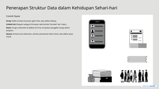 Penerapan Struktur Data dalam Kehidupan Sehari-hari
Contoh Nyata
Array: Daftar kontak di ponsel, galeri foto, atau daftar belanja.
Linked List: Riwayat navigasi di browser web (tombol 'kembali' dan 'maju').
Stack: Fungsi undo/redo di aplikasi (Ctrl+Z), tumpukan panggilan fungsi dalam
program.
Queue: Antrean print dokumen, antrean pemesanan tiket online, atau daftar putar
musik.
 