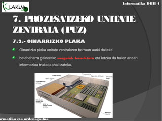 Informatika DBH 4
ormatika eta ordenagailua
7. PROZESATZEKO UNITATE
ZENTRALA (PUZ)
7.2.- OINARRIZKO PLAKA
Oinarrizko plaka unitate zentralaren barruan aurki daiteke.
betebeharra gainerako osagaiak konektatu eta lotzea da haien artean
informazioa trukatu ahal izateko.
 