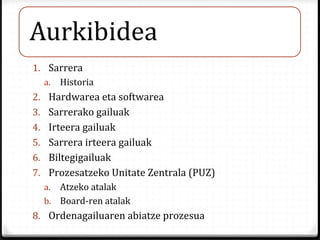 1. Sarrera
a. Historia
2. Hardwarea eta softwarea
3. Sarrerako gailuak
4. Irteera gailuak
5. Sarrera irteera gailuak
6. Bi...