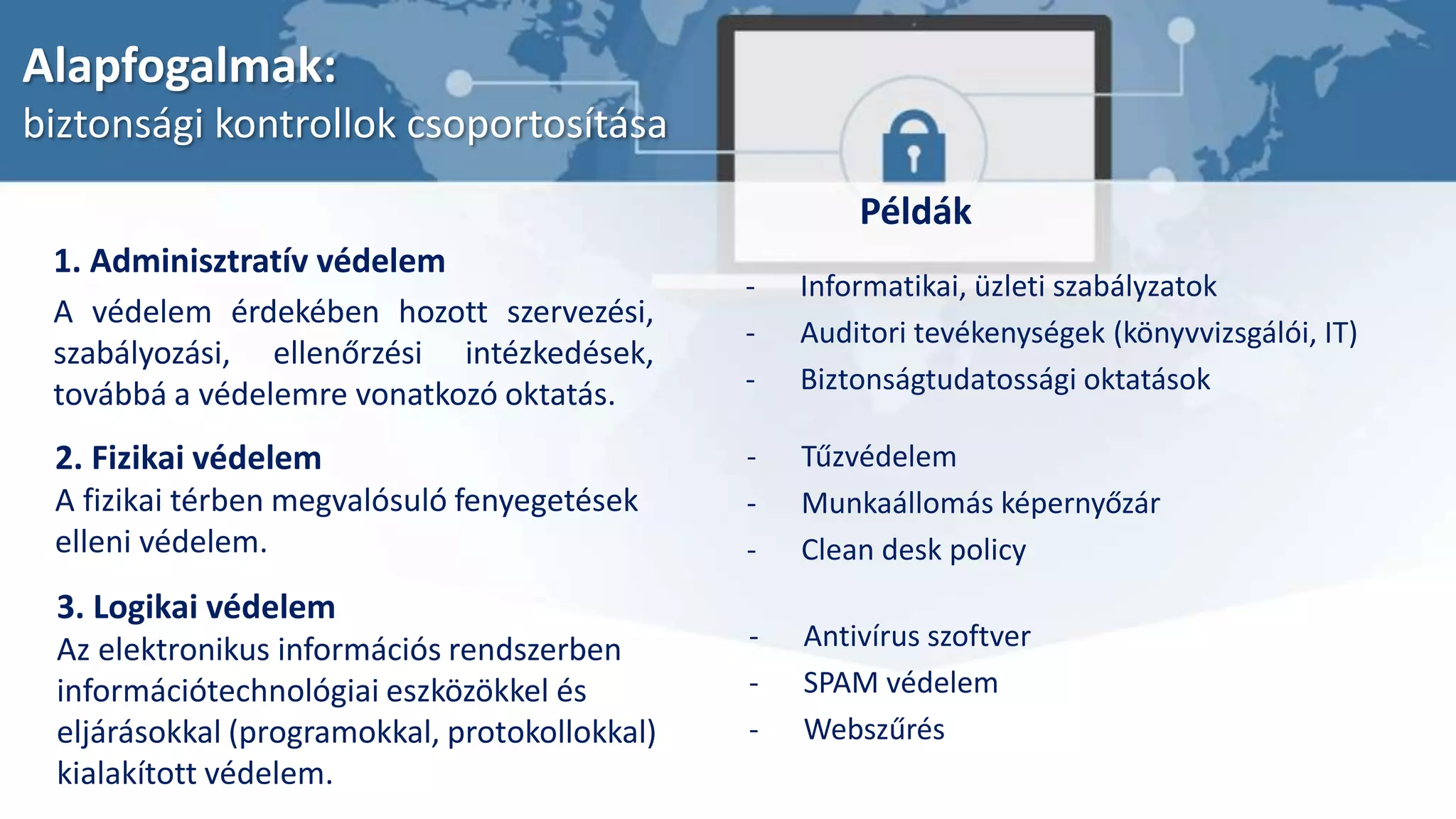 Alapfogalmak:
biztonsági kontrollok csoportosítása
3. Logikai védelem
Az elektronikus információs rendszerben
információtechnológiai eszközökkel és
eljárásokkal (programokkal, protokollokkal)
kialakított védelem.
- Informatikai, üzleti szabályzatok
- Auditori tevékenységek (könyvvizsgálói, IT)
- Biztonságtudatossági oktatások
2. Fizikai védelem
A fizikai térben megvalósuló fenyegetések
elleni védelem.
1. Adminisztratív védelem
A védelem érdekében hozott szervezési,
szabályozási, ellenőrzési intézkedések,
továbbá a védelemre vonatkozó oktatás.
- Tűzvédelem
- Munkaállomás képernyőzár
- Clean desk policy
- Antivírus szoftver
- SPAM védelem
- Webszűrés
Példák
 