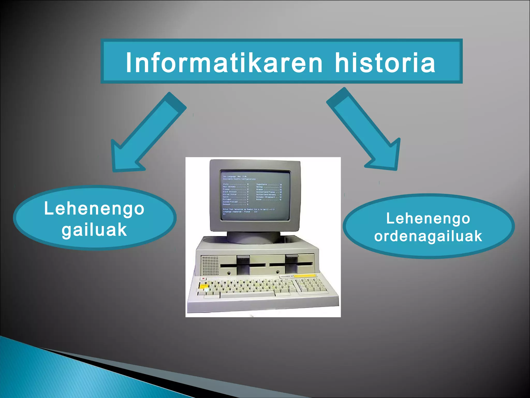 Informatikaren historia
Lehenengo
gailuak
Lehenengo
ordenagailuak
 