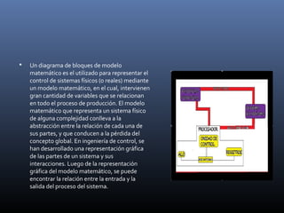 

Un diagrama de bloques de modelo
matemático es el utilizado para representar el
control de sistemas físicos (o reales) mediante
un modelo matemático, en el cual, intervienen
gran cantidad de variables que se relacionan
en todo el proceso de producción. El modelo
matemático que representa un sistema físico
de alguna complejidad conlleva a la
abstracción entre la relación de cada una de
sus partes, y que conducen a la pérdida del
concepto global. En ingeniería de control, se
han desarrollado una representación gráfica
de las partes de un sistema y sus
interacciones. Luego de la representación
gráfica del modelo matemático, se puede
encontrar la relación entre la entrada y la
salida del proceso del sistema.

 