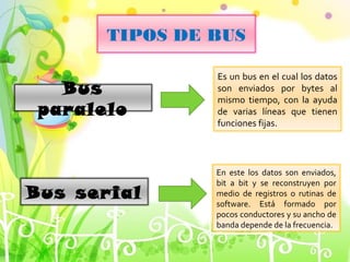 TIPOS DE BUS
Bus
paralelo

Bus serial

Es un bus en el cual los datos
son enviados por bytes al
mismo tiempo, con la ayuda
de varias líneas que tienen
funciones fijas.

En este los datos son enviados,
bit a bit y se reconstruyen por
medio de registros o rutinas de
software. Está formado por
pocos conductores y su ancho de
banda depende de la frecuencia.

 