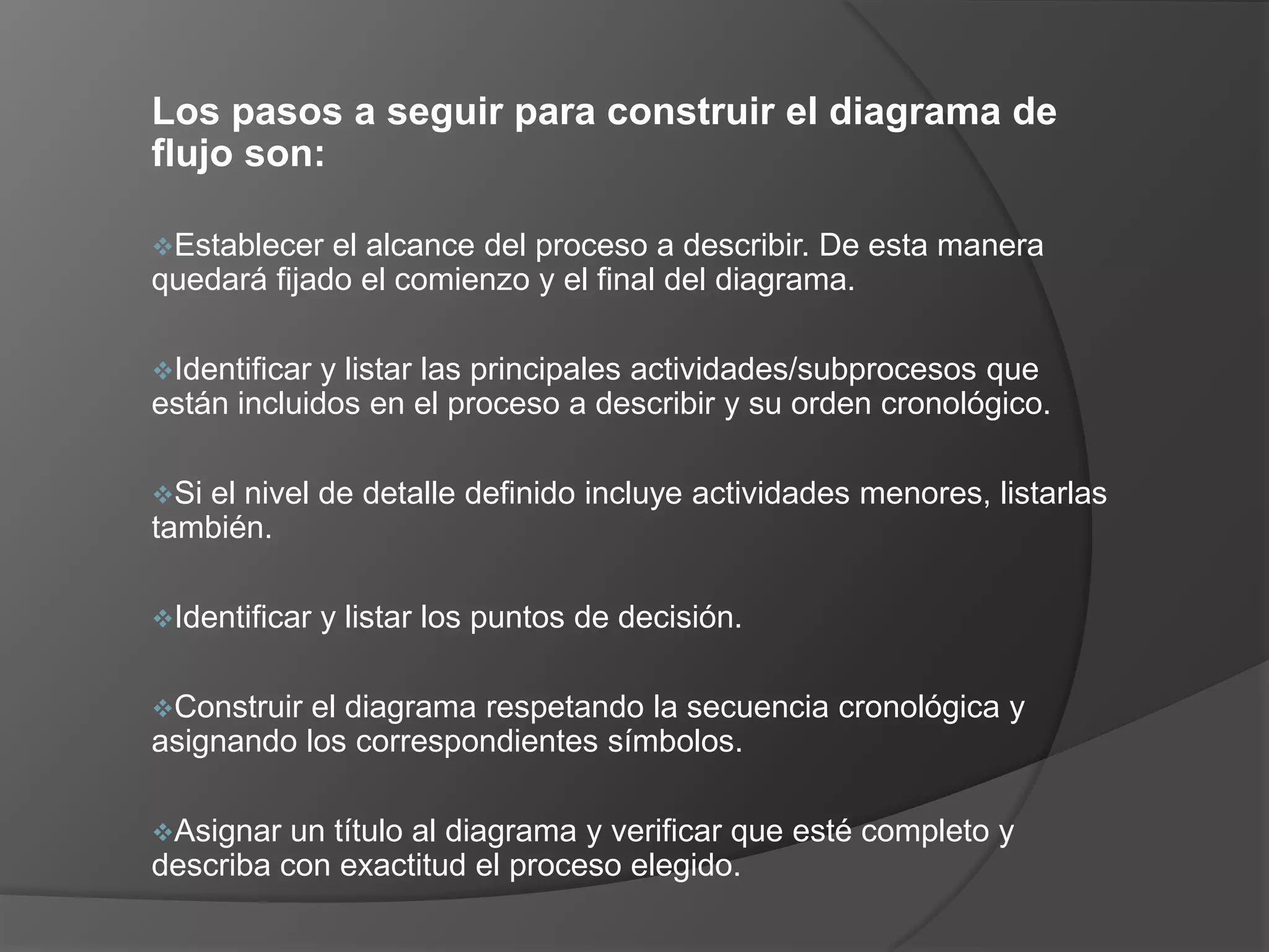 Los pasos a seguir para construir el diagrama de
flujo son:

Establecer  el alcance del proceso a describir. De esta manera
quedará fijado el comienzo y el final del diagrama.

Identificar y listar las principales actividades/subprocesos que
están incluidos en el proceso a describir y su orden cronológico.

Siel nivel de detalle definido incluye actividades menores, listarlas
también.

Identificar   y listar los puntos de decisión.

Construir el diagrama respetando la secuencia cronológica y
asignando los correspondientes símbolos.

Asignar  un título al diagrama y verificar que esté completo y
describa con exactitud el proceso elegido.
 