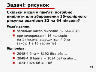 Задачі: рисунок
Скільки місця у пам’яті потрібно
виділити для збереження 16-колірного
рисунка розміром 32 на 64 пікселя?
Розв’язання:
    загальне число пікселів: 32·64=2048
    при використанні 16 кольорів
     на 1 піксель відводиться 4 біта
     (вибір 1 з 16 варіантів)
Відповідь:
    2048·4 біта = 8192 біта або …
    2048·4:8 байта = 1024 байта або …
    1024:1024 Кб = 1 Кб
                                           22
 