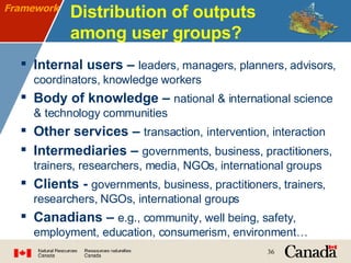 Distribution of outputs among user groups?   Internal users –  leaders, managers, planners, advisors, coordinators, knowledge workers Body of knowledge –  national & international science & technology communities Other services –  transaction,   intervention, interaction Intermediaries –  governments, business, practitioners, trainers, researchers, media, NGOs, international groups Clients -  governments, business, practitioners, trainers, researchers, NGOs, international groups Canadians –  e.g., community, well being, safety, employment, education, consumerism, environment…  Framework 