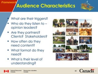 Audience Characteristics What are their triggers? Who do they listen to – opinion leaders? Are they partners? Clients?  Stakeholders? How often do they  need content?  What format do they need? What is their level of understanding? Framework 