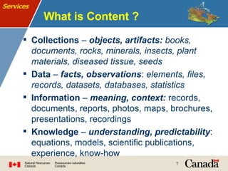 What is Content ? Collections  –  objects, artifacts:   books, documents, rocks, minerals, insects, plant materials, diseased tissue, seeds Data  –  facts, observations :  elements, files, records, datasets, databases, statistics Information  –  meaning, context:  records, documents, reports, photos, maps, brochures, presentations, recordings  Knowledge  –  understanding, predictability : equations, models, scientific publications, experience, know-how Services 