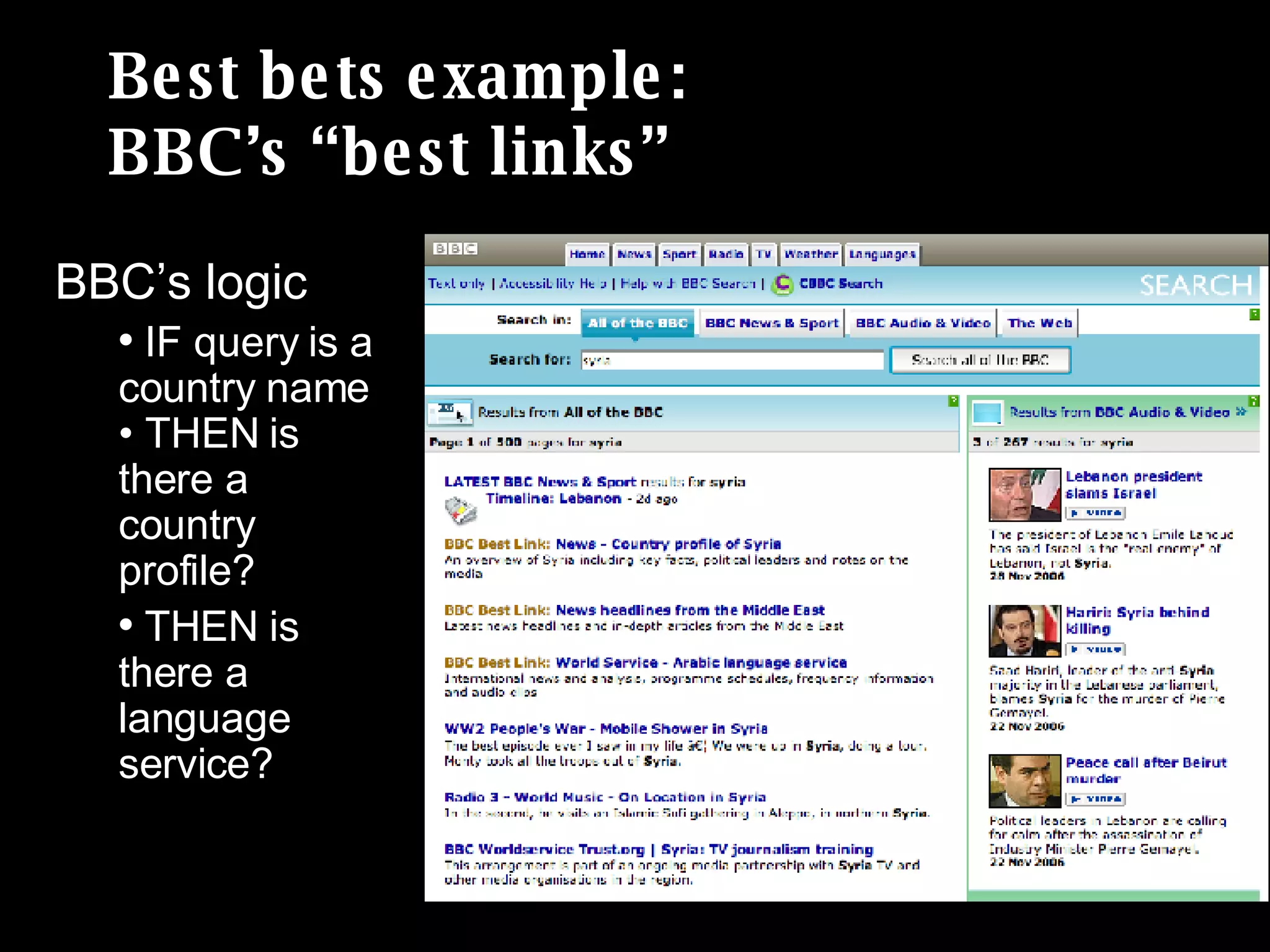Best bets example:  BBC’s “best links” BBC’s logic IF query is a country name • THEN is there a country profile? THEN is there a language service? 