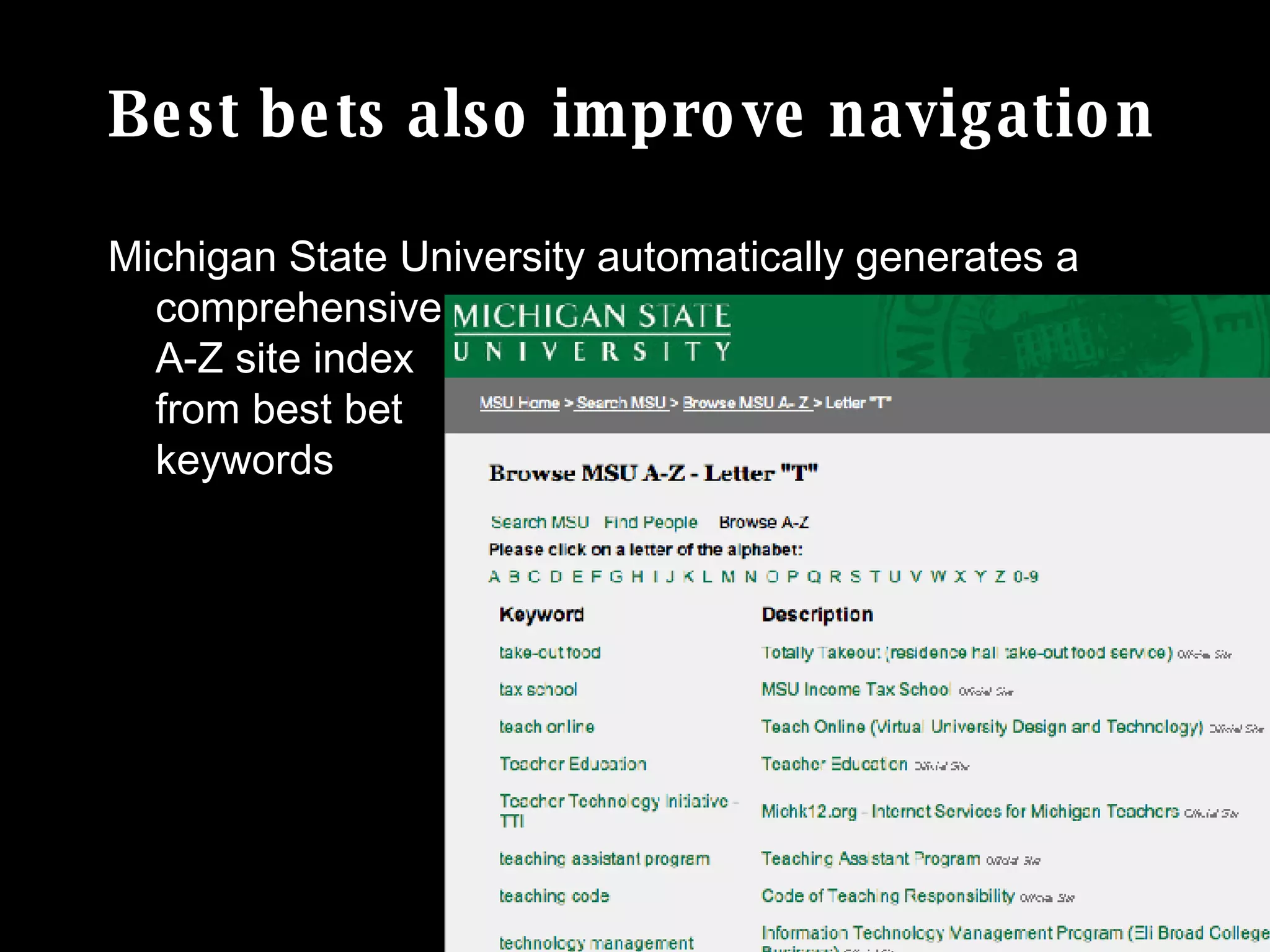 Best bets also improve navigation Michigan State University automatically generates a comprehensive  A-Z site index  from best bet  keywords 