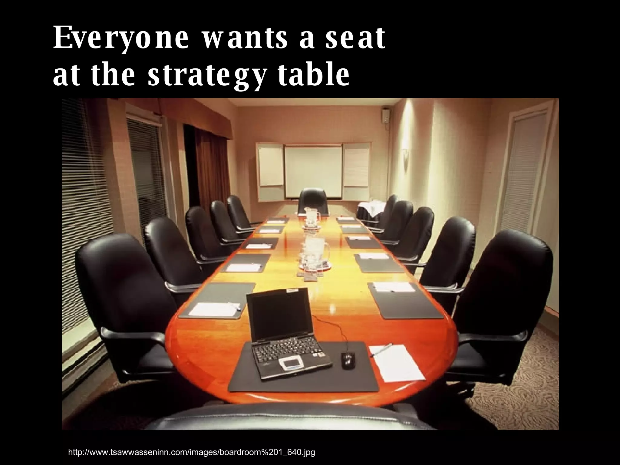 Everyone wants a seat  at the strategy table http://www.tsawwasseninn.com/images/boardroom%201_640.jpg 