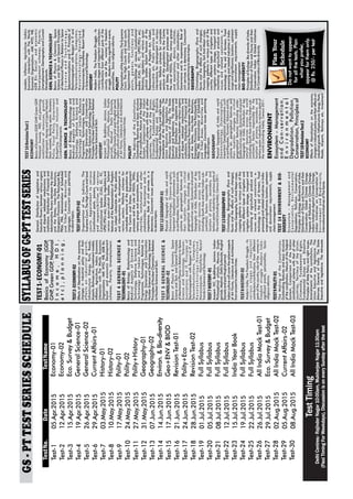 TEST1-ECONOMY-01
BasicsofEconomy(GDP,
GNP,GreenGDP,National
Income,HDI,
etc),planning,
ENVIRONMENT
Ecosystem–Management
andCon-servation,
Environmental
Degradation,Pollution,
Conservation,Principlesof
SYLLABUSOFGS-PTTESTSERIES
 