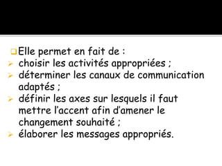 Elle permet en fait de :
 choisir les activités appropriées ;
 déterminer les canaux de communication
adaptés ;
 définir les axes sur lesquels il faut
mettre l’accent afin d’amener le
changement souhaité ;
 élaborer les messages appropriés.
 