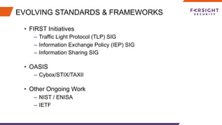 EVOLVING STANDARDS & FRAMEWORKS
•  FIRST Initiatives
–  Traffic Light Protocol (TLP) SIG
–  Information Exchange Policy (IEP) SIG
–  Information Sharing SIG
•  OASIS
–  Cybox/STIX/TAXII
•  Other Ongoing Work
–  NIST / ENISA
–  IETF
 