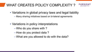 WHAT CREATES POLICY COMPLEXITY ?
•  Variations in global privacy laws and legal liability
–  Many sharing initiatives based on bi-lateral agreements
•  Variations in policy interpretations
– Who do you share with ?
– How do you protect data ?
– What are you allowed to do with the data?
 