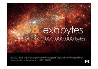 288,000,000,000,000,000 bytes


In 2007 there was more digital information created, captured, and replicated than
there ar...
