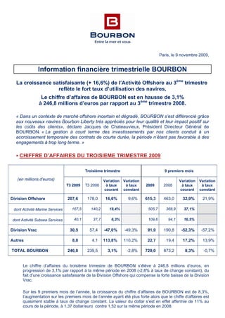 Paris, le 9 novembre 2009,
Information financière trimestrielle BOURBON
La croissance satisfaisante (+ 16,6%) de l’Activité Offshore au 3ème
trimestre
reflète le fort taux d’utilisation des navires.
Le chiffre d’affaires de BOURBON est en hausse de 3,1%
à 246,8 millions d’euros par rapport au 3ème
trimestre 2008.
« Dans un contexte de marché offshore incertain et dégradé, BOURBON s’est différencié grâce
aux nouveaux navires Bourbon Liberty très appréciés pour leur qualité et leur impact positif sur
les coûts des clients», déclare Jacques de Chateauvieux, Président Directeur Général de
BOURBON. « La gestion à court terme des investissements par nos clients conduit à un
accroissement temporaire des contrats de courte durée, la période n’étant pas favorable à des
engagements à trop long terme. »
CHIFFRE D’AFFAIRES DU TROISIEME TRIMESTRE 2009
(en millions d'euros)
Troisième trimestre 9 premiers mois
T3 2009 T3 2008
Variation
à taux
courant
Variation
à taux
constant
2009 2008
Variation
à taux
courant
Variation
à taux
constant
Division Offshore 207,6 178,0 16,6% 9,6% 615,3 463,0 32,9% 21,9%
dont Activité Marine Services 167,5 140,2 19,4% 505,7 368,9 37,1%
dont Activité Subsea Services 40,1 37,7 6,3% 109,6 94,1 16,5%
Division Vrac 30,5 57,4 -47,0% -49,3% 91,0 190,8 -52,3% -57,2%
Autres 8,8 4,1 113,8% 110,2% 22,7 19,4 17,2% 13,9%
TOTAL BOURBON 246,8 239,5 3,1% -2,8% 729,0 673,2 8,3% -0,7%
Le chiffre d’affaires du troisième trimestre de BOURBON s’élève à 246,8 millions d’euros, en
progression de 3,1% par rapport à la même période en 2008 (-2,8% à taux de change constant), du
fait d’une croissance satisfaisante de la Division Offshore qui compense la forte baisse de la Division
Vrac.
Sur les 9 premiers mois de l’année, la croissance du chiffre d’affaires de BOURBON est de 8,3%,
l’augmentation sur les premiers mois de l’année ayant été plus forte alors que le chiffe d’affaires est
quasiment stable à taux de change constant. La valeur du dollar s’est en effet affermie de 11% au
cours de la période, à 1,37 dollar/euro contre 1,52 sur la même période en 2008.
 