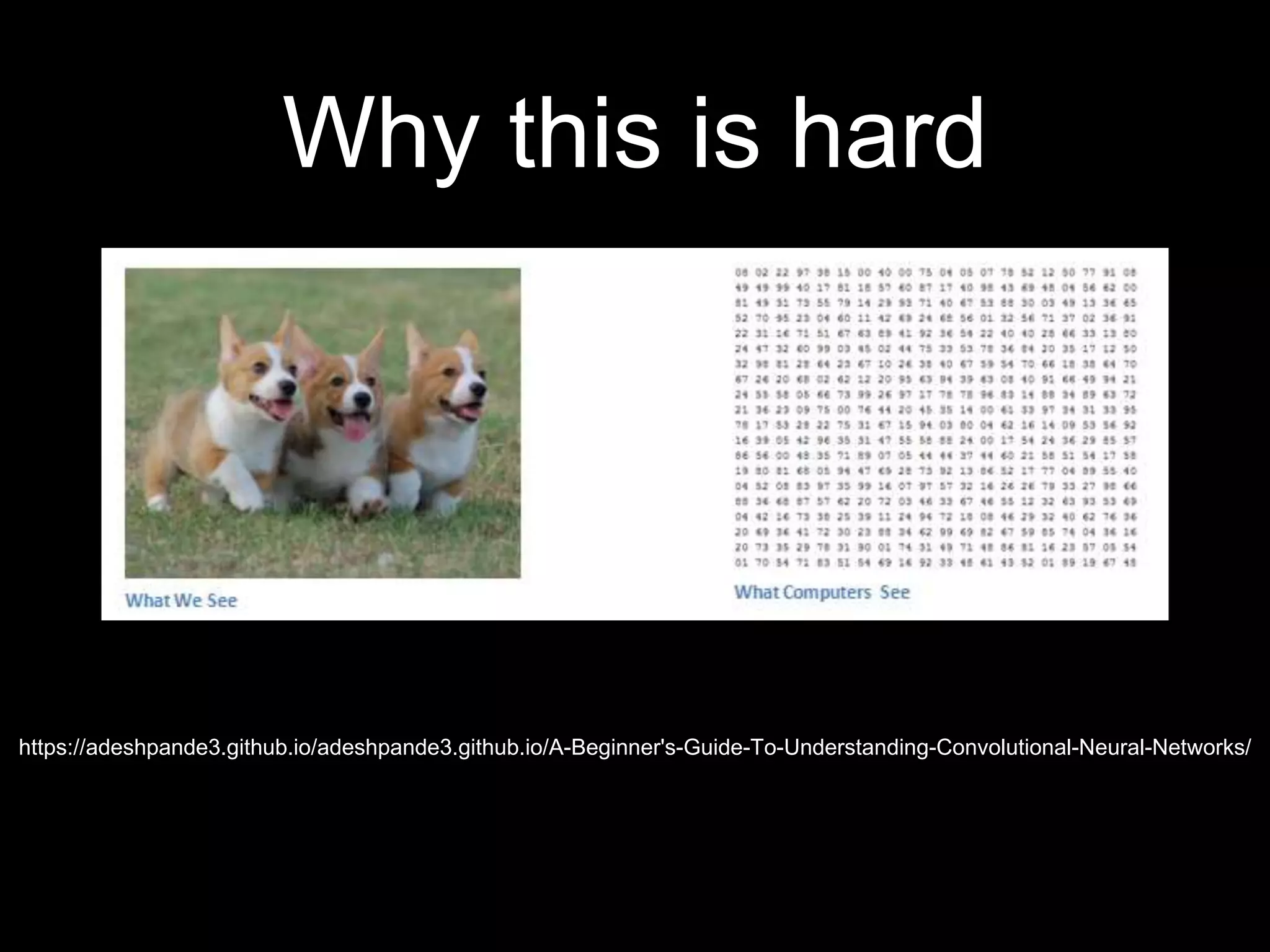 Why this is hard
https://adeshpande3.github.io/adeshpande3.github.io/A-Beginner's-Guide-To-Understanding-Convolutional-Neural-Networks/
 