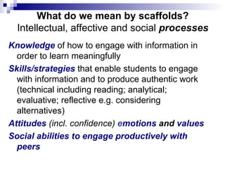What do we mean by scaffolds? Intellectual, affective and social  processes Knowledge   of how to engage with information in order to learn meaningfully Skills/strategies   that enable students to engage with information and to produce authentic work (technical including reading; analytical; evaluative; reflective e.g. considering alternatives) Attitudes  (incl. confidence) e motions and values Social abilities to engage productively with peers 
