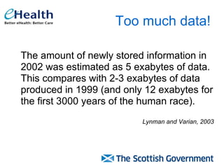 Too much data! The amount of newly stored information in 2002 was estimated as 5 exabytes of data. This compares with 2-3 exabytes of data  produced in 1999 (and only 12 exabytes for the first 3000 years of the human race). Lynman and Varian, 2003 