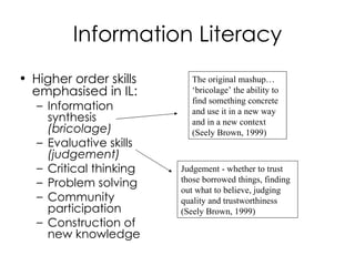 Information Literacy Higher order skills emphasised in IL: Information synthesis  (bricolage) Evaluative skills  (judgement) Critical thinking Problem solving Community participation Construction of new knowledge Judgement - whether to trust those borrowed things, finding out what to believe, judging quality and trustworthiness (Seely Brown, 1999) The original mashup…  ‘bricolage’ the ability to find something concrete and use it in a new way and in a new context  (Seely Brown, 1999) 