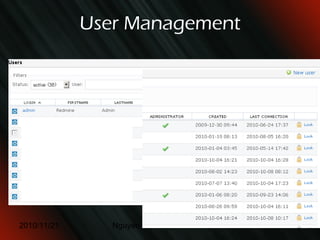 Trac Project management (Roadmap, Milestones, etc.)  Ticket system (bug tracking, tasks, etc.)  Fine-grained permissions (since 0.11)  Timeline of all recent activity  Wiki (syntax similar to  MoinMoin )  