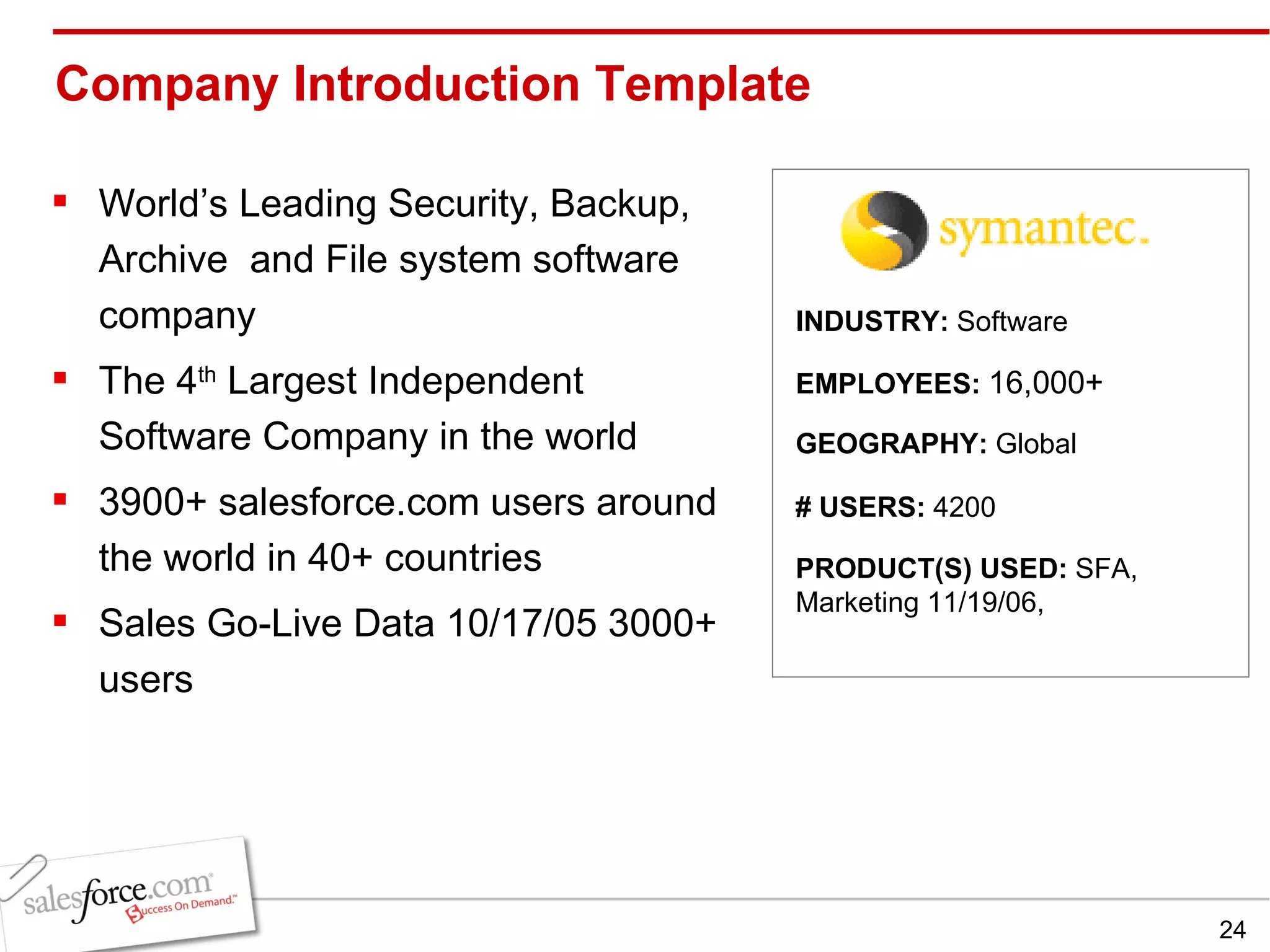 Company Introduction Template  World’s Leading Security, Backup, Archive  and File system software company The 4 th  Largest Independent Software Company in the world 3900+ salesforce.com users around the world in 40+ countries Sales Go-Live Data 10/17/05 3000+ users INDUSTRY:  Software EMPLOYEES:  16,000+ GEOGRAPHY:  Global PRODUCT(S) USED:  SFA, Marketing 11/19/06,  # USERS:  4200 