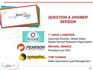 T. CRAIG LUNSFORD Associate Director, Global Sales Global Clinical Research Organization MICHAEL SENSKE President and CEO TOM THOMAS Sales Operations Lead Management QUESTION & ANSWER SESSION 