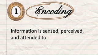 1 Encoding
Information is sensed, perceived,
and attended to.
 