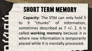 Capacity: The STM can only hold 5
to 9 “chunks” of information,
sometimes described as 7 +/- 2. It is
called working memory because it is
where new information is temporarily
placed while it is mentally processed.
 