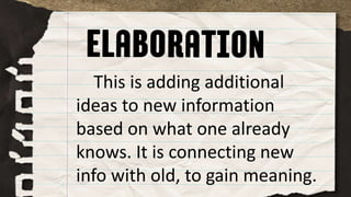 This is adding additional
ideas to new information
based on what one already
knows. It is connecting new
info with old, to gain meaning.
 