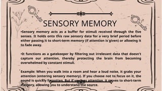 SENSORY MEMORY
•Sensory memory acts as a buffer for stimuli received through the five
senses. It holds onto this raw sensory data for a very brief period before
either passing it to short-term memory (if attention is given) or allowing it
to fade away.
•It functions as a gatekeeper by filtering out irrelevant data that doesn't
capture our attention, thereby protecting the brain from becoming
overwhelmed by constant stimuli.
Example: When you walk into a room and hear a loud noise, it grabs your
attention (entering sensory memory). If you choose not to focus on it, the
sound is quickly forgotten. But if you pay attention, it moves to short-term
memory, allowing you to understand the source.
 