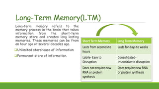 Long-Term Memory(LTM)
Long-term memory refers to the
memory process in the brain that takes
information from the short-term
memory store and creates long lasting
memories. These memories can be from
an hour ago or several decades ago.
Unlimited storehouse of information
Permanent store of information.
 