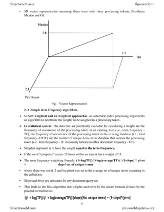 • 3D vector representation assuming there were only three processing tokens, Petroleum
Mexico and Oil.
Fig : Vector Represenation
2. 1 .Simple term frequency algorithms
 In both weighted and un weighted approaches an automatic index processing implements
an algorithm to determine the weight to be assigned to a processing token .
 In statistical system : the data that are potentially available for calculating a weight are the
frequency of occurrence of the processing token in an existing item (i.e., term frequency -
TF), the frequency of occurrence of the processing token in the existing database (i.e., total
frequency -TOTF) and the number of unique items in the database that contain the processing
token (i.e., item frequency - IF, frequently labeled in other document frequency - DF).
 Simplest approach is to have the weight equal to the term frequency.
 If the word “computer” occurs 15 times within an item it has a weight of 15.
 The term frequency weighting formula: (1+log(TF))/1+log(average(TF)) / (1-slope) * pivot
+ slope*no. of unique terms
• where slope was set at .2 and the pivot was set to the average no of unique terms occurring in
the collection.
• Slope and pivot are constants for any document/query set.
• This leads to the final algorithm that weights each term by the above formula divided by the
pivoted normalization:
Smartworld.asia Specworld.in
Smartzworld.com jntuworldupdates.org
33
 