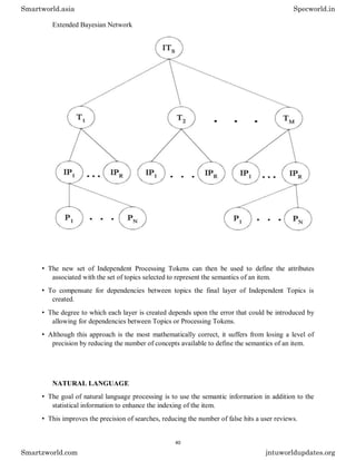 Extended Bayesian Network
• The new set of Independent Processing Tokens can then be used to define the attributes
associated with the set of topics selected to represent the semantics of an item.
• To compensate for dependencies between topics the final layer of Independent Topics is
created.
• The degree to which each layer is created depends upon the error that could be introduced by
allowing for dependencies between Topics or Processing Tokens.
• Although this approach is the most mathematically correct, it suffers from losing a level of
precision by reducing the number of concepts available to define the semantics of an item.
NATURAL LANGUAGE
• The goal of natural language processing is to use the semantic information in addition to the
statistical information to enhance the indexing of the item.
• This improves the precision of searches, reducing the number of false hits a user reviews.
Smartworld.asia Specworld.in
Smartzworld.com jntuworldupdates.org
40
 