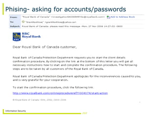 Information Security
Phising- asking for accounts/passwords
 