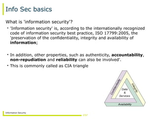 Information Security
Info Sec basics
• 'Information security' is, according to the internationally recognized
code of information security best practice, ISO 17799:2005, the
'preservation of the confidentiality, integrity and availability of
information;
• In addition, other properties, such as authenticity, accountability,
non-repudiation and reliability can also be involved'.
• This is commonly called as CIA triangle
What is 'information security'?
 
