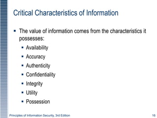 Principles of Information Security, 3rd Edition 16
Critical Characteristics of Information
 The value of information comes from the characteristics it
possesses:
 Availability
 Accuracy
 Authenticity
 Confidentiality
 Integrity
 Utility
 Possession
 