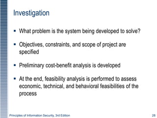 Principles of Information Security, 3rd Edition 28
Investigation
 What problem is the system being developed to solve?
 Objectives, constraints, and scope of project are
specified
 Preliminary cost-benefit analysis is developed
 At the end, feasibility analysis is performed to assess
economic, technical, and behavioral feasibilities of the
process
 