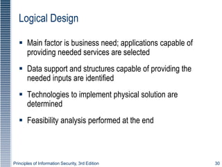 Principles of Information Security, 3rd Edition 30
Logical Design
 Main factor is business need; applications capable of
providing needed services are selected
 Data support and structures capable of providing the
needed inputs are identified
 Technologies to implement physical solution are
determined
 Feasibility analysis performed at the end
 