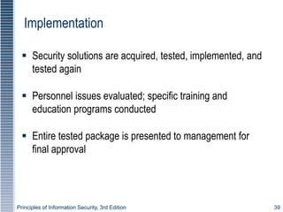 Principles of Information Security, 3rd Edition 39
Implementation
 Security solutions are acquired, tested, implemented, and
tested again
 Personnel issues evaluated; specific training and
education programs conducted
 Entire tested package is presented to management for
final approval
 