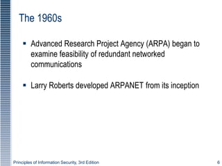 Principles of Information Security, 3rd Edition 6
The 1960s
 Advanced Research Project Agency (ARPA) began to
examine feasibility of redundant networked
communications
 Larry Roberts developed ARPANET from its inception
 